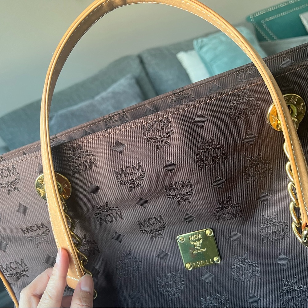 MCM Brown Monogram Tote with Gold Chain and Tan Leather Straps - Picture 3 of 15